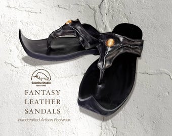 Custom Made Black Leather Fantasy Sandals, Curved Toe Gothic Elf Footwear, Artisan Handmade Sandals