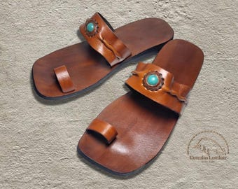 Handmade Brown Leather Sandals, Resin Stone Toe Loop Slides, Boho Greek Style Sandals