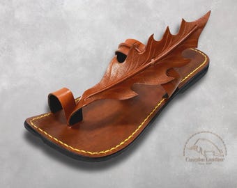 Custom Made Leaf Leather Sandals, Handmade Boho Slides, Nature Inspired Artisan Footwear