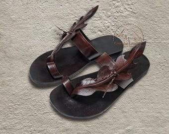 Handmade Leather Leaf Sandals, Boho Slip-On Unisex Footwear