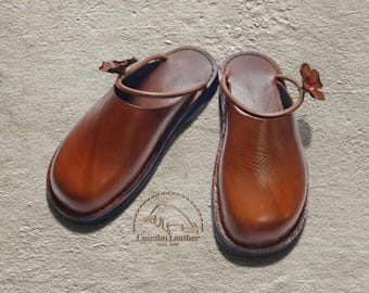 Handmade Leather Clogs – Brown Slip On Sandals with Flower Strap