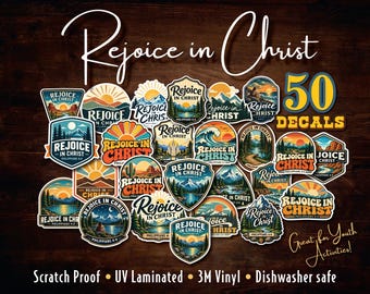 May include: A collection of 50 vinyl decals featuring various outdoor landscape illustrations, including mountains, forests, and sunsets. Each sticker displays the text Rejoice in Christ. The set is scratch proof, UV laminated, and dishwasher safe.