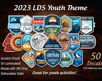 Set of 50 Decals!! 2023 Youth LDS Theme. Water proof and Scratch Proof. I can do all things through Christ. Philippians 4:13