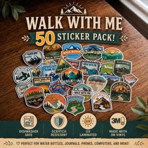May include: A collection of 50 stickers featuring mountain and nature illustrations with the text Walk With Me and Moses 6:34. The stickers are dishwasher safe, scratch resistant, UV laminated, and made with 3M vinyl for water bottles and journals.