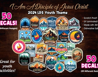 Set of 50 Decals!! 2024 Youth LDS Theme. Water proof and Scratch Proof. I am a desciple of Jesus Christ. 3 Nephi 5:13