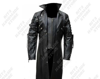 Men's Trench Coat, Long Coat, Steampunk Coat, Gothic Coat, Punk Coat Vintage Black Vintage Men Black Leather Trench Coat, Gothic Coat