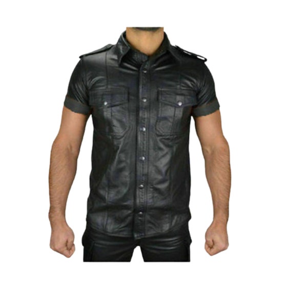 mens short sleeve leather shirt