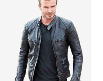 Racing Jacket ,black Leather Jacket , Mens Leather Jacke Genuine Leather David Beckham Replica Coat Jacket Most Sizes