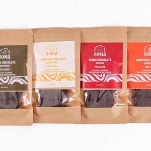 Pilz Schokoladen Tafeln | Chaga, Cordyceps, Löwenmähne und Reishi I 4-Geschmacksrichtungen Variety Pack (8 Riegel) | Gourmet Wellness Schokolade
