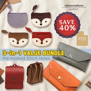 May include: A selection of leather craft items, including fox-faced coin purses, a small backpack, and a wallet. The coin purses are in different colours, featuring a fox face design. The image also includes text that says "SAVE 40%" and "3-in-1 VALUE BUNDLE".