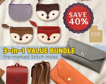 3 in 1 Leather Pattern Bundle with Stitching Holes | Fox, Envelope Wallet and Backpack Charm | PDF Template | Easy Sewing Set