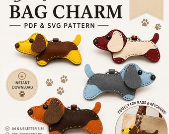 Dachshund Dog Bag Charm Pattern PDF SVG | Leather Keychain Pattern | DIY Leather Craft Template | Digital Download