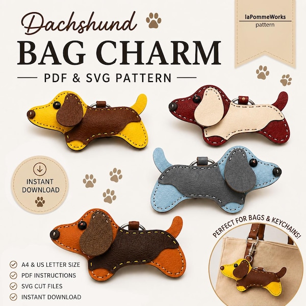 Dachshund Dog Bag Charm Pattern PDF SVG | Leather Keychain Pattern | DIY Leather Craft Template | Digital Download