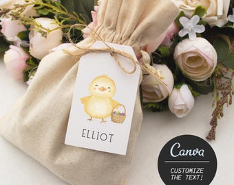 Editable Chick Easter Basket Tag | Printable Bunny Gift Tag (Canva)