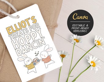 Print-Ready & Customizable Easter Basket Tag | Hoppy Dancin' Easter Tags Printable | Editable Easter Basket Labels | Canva | 2x3.5" Size