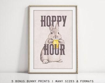 Hoppy Hour Easter Bunny Prints Bundle | 6 Downloadable Easter Prints Bunny | Easter Wall Art Prints | Punny & Clever Easter Rabbit Prints