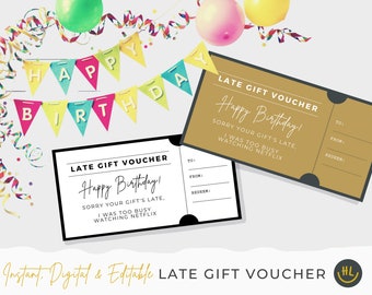 Instant Download Late Birthday Gift Voucher | Customize in Canva | The Fastest Late Gift Idea | Personalized & Minimalist DIY Gift | Netflix