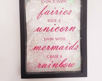 Fairies, Unicorn, Mermaids, Rainbow, Pink Girls Room Decor, Glitter Wall Sign