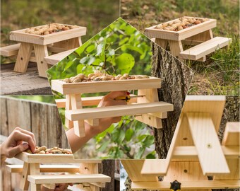 Squirrel Feeder - Backyard Squirrel Feeder Picnic Table - Natural Wood Chipmunk Feeder for Outside - Squirrel Picnic Bench