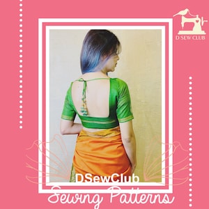 May include: A green and gold blouse with a low back and a beaded tassel. The blouse is worn by a person with blue hair. The image has the text "D Sew Club Sewing Patterns" at the bottom.