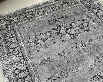 Vintage Style Turkish Rug : Grey Black Oriental Chenille Cotton Rug