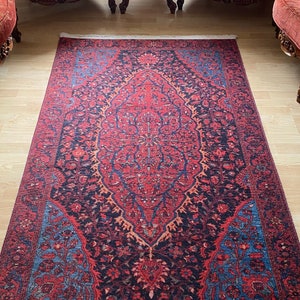 Medallion Patterned Red & Blue Cotton Chenille Rug