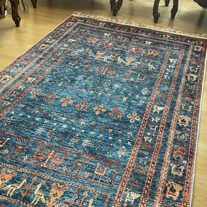 Alfombra persa azul 8x10, alfombra Kilim azul 8x10, alfombra azul vintage oriental, Kilim de Besarabia, alfombra azul de tamaño personalizado, alfombra azul con estampado de animales imagen 3
