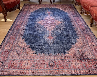 Navy Blue Vintage Style Rug 8x10, Turkish Kilim Rug 5x8, Oriental Rug, Rugs For Living Room, Folk Ethnic Pattern Rug, Distressed Area Rug