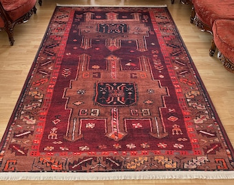 Brown Red Vintage Rug 8x10, Persian Rug 8x10, Heriz Red Rug 8x10, Oriental Area Rug