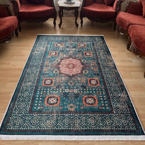 Petrol Green Cotton Chenille Rug: Bohemian Turkish Kilim Style