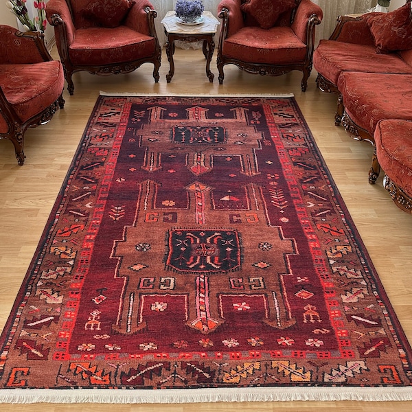 Brown Red Vintage Rug 8x10, Persian Rug 8x10, Heriz Red Rug 8x10, Oriental Area Rug