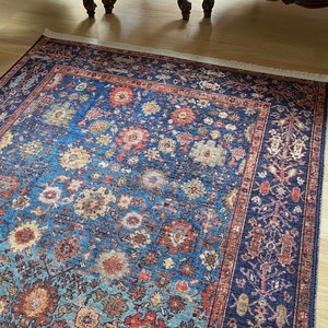 Blue Kilim Rug, Blue Floral Rug 8x10, Heriz Rug, Oriental Rug, Multi Color Rug, Rugs For Living Room, Turkish Oushak Rug, Rustic Blue Rug