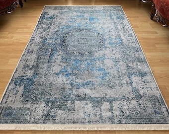 Vintage Style Blue-Gray Medallion Rug For Dining Room: Washable Rug