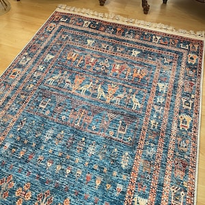 Alfombra persa azul 8x10, alfombra Kilim azul 8x10, alfombra azul vintage oriental, Kilim de Besarabia, alfombra azul de tamaño personalizado, alfombra azul con estampado de animales imagen 7