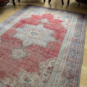 Vintage Style Red Turkish Rug: Distressed Look Chenille Cotton Rug