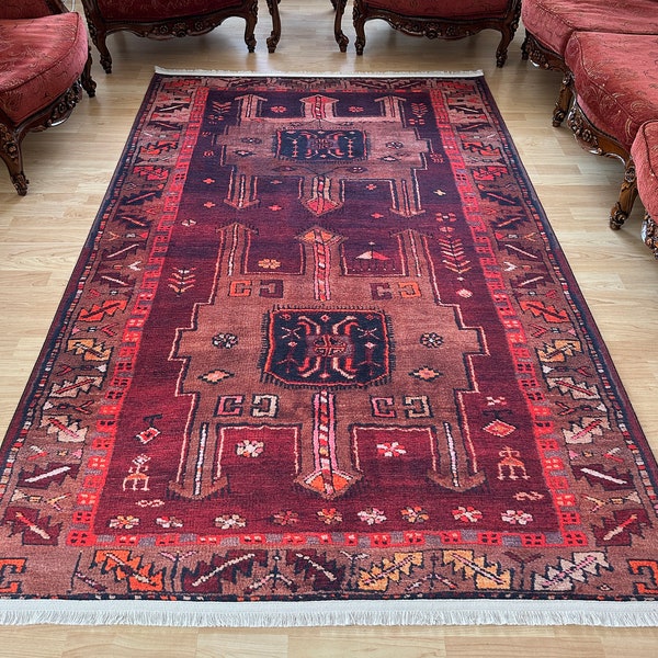 Brown Red Orange Color Anatolian Patterned Cotton Chenille Rug