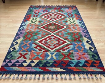 Alfombras Kilim de lana tejidas a mano %100, alfombras afganas Alfombra turca multicolor Alfombra de área tradicional Alfombra con estampado geométrico, 2.6x3.8 pies. 79x114cm