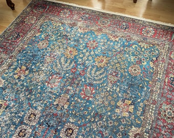 Turks blauw tapijt 8x10, Turks gebiedsdeken 8x10, tapijt 8x10, Heriz tapijt, oosters tapijt 8x10, kelim tapijt 8x10, tapijten voor de woonkamer, bloemenblauw tapijt
