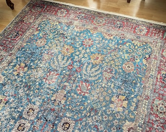 Turks blauw tapijt 8x10, Turks gebiedsdeken 8x10, tapijt 8x10, Heriz tapijt, oosters tapijt 8x10, kelim tapijt 8x10, tapijten voor de woonkamer, bloemenblauw tapijt