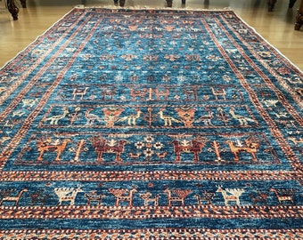 Animal Patterned Blue Turkish Rug 8x10, Oriental Vintage Tumbled Look Pattern 9X12, Bessarabian Kilim 5x8, Custom Sized Blue Rug  10x15