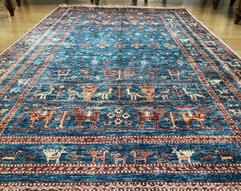 Blauer Perserteppich 200x300, Kelim Teppich 200x300, Blauer Orientalischer Vintage Teppich, Bessarabischer Kelim, Blauer Teppich mit Tiermuster