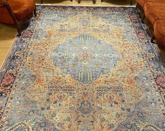Persian Pattern Rug 8x10, Blue Gold Ethnic Rug 8x10, Heriz Rug, Oriental Nomadic Rug 10x13, Turkish Kilim Rug 8x10, Rugs For Living Room 5x7