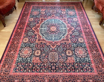 Alfombra turca Fuschia Aqua Area, alfombra turca de diseño de medallón, alfombra aqua rosa oriental, alfombra rústica turca, alfombra para sala de estar, alfombra de casa de campo