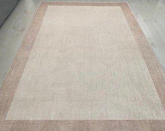 Beige krämfärgad chenillebomullsmatta 8x10: Modern inramad geometrisk matta
