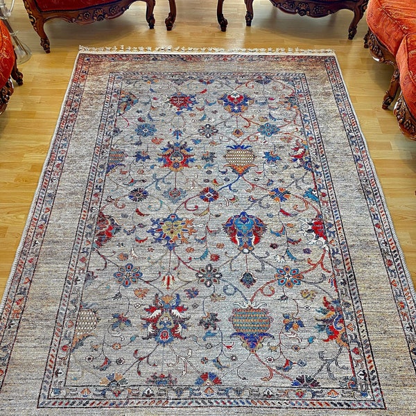 Turkish Oushak Rug 8x10, Beige Turkish Pattern Rug, Oriental Vintage Rug, Large Kilim Rug, Heriz Rug, Tribal Area Rug, Rugs for Living Room