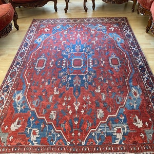 Red & Navy Blue Anatolian Rug: Vintage Style Chenille Cotton Rug