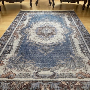 Blue Rug 8x10: Vintage Style Oriental Chenille Cotton Boho Rug