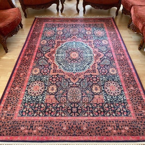 Turkish Fuschia Aqua Area Rug, Turkish Medallion Design Rug, Oriental Pink Aqua Rug, Turkish Rustic Rug, Rug For Living Room, Farm House Rug