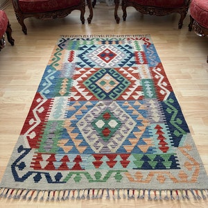 Hand Weaving Wool Kilim Rugs %100, Afghan Rugs Multicolor Turkish Rug Traditional Area Rug Geometric Patterned Rug, 3,35x4,92Ft. 102x150 cm