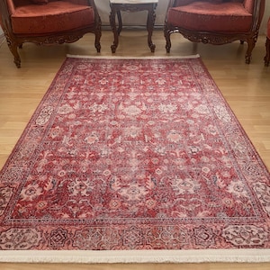 Red Oushak Rug, Oriental Red Vintage Rug, Customized Faded Rug, Turkish Kilim Rug 8x10, Bessarabian Red Kilim, Retro Red Kilim Rug